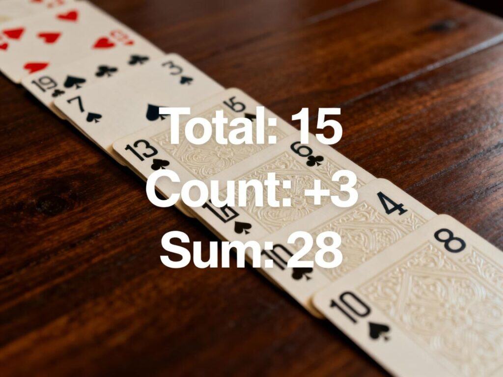 Advanced card counting concept with playing cards arranged in sequence, mathematical calculations overlay, and professional analytical perspective for skilled players