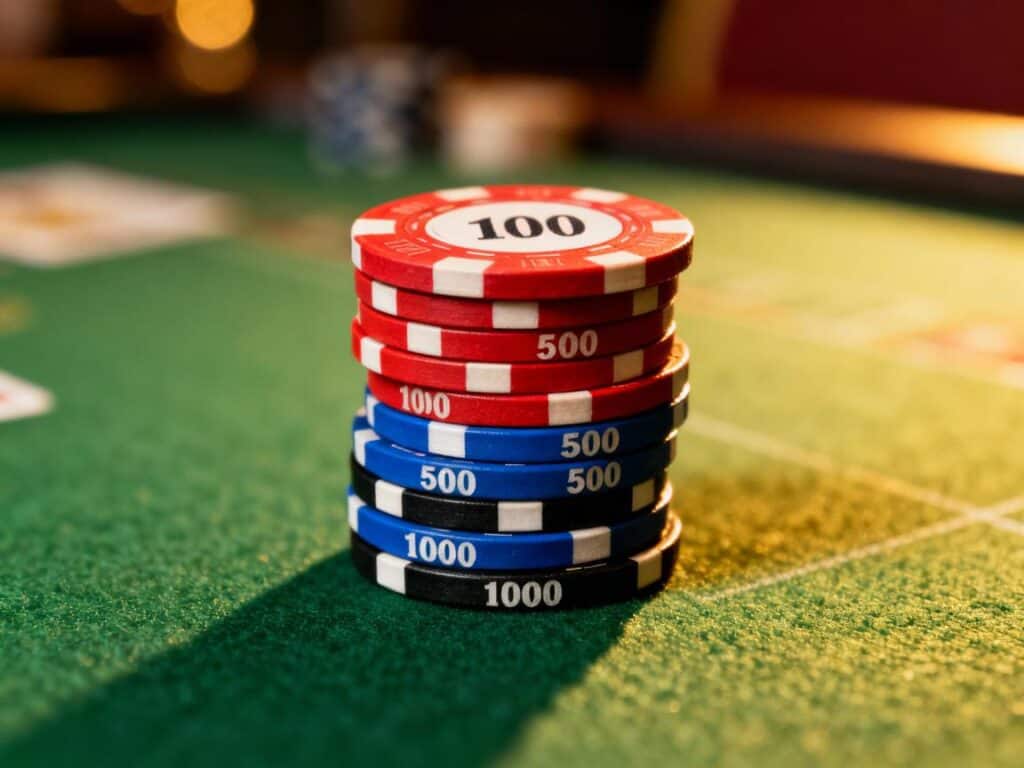 Stack of colorful casino chips with various betting denominations on green poker table felt, representing bankroll management and betting strategy concepts