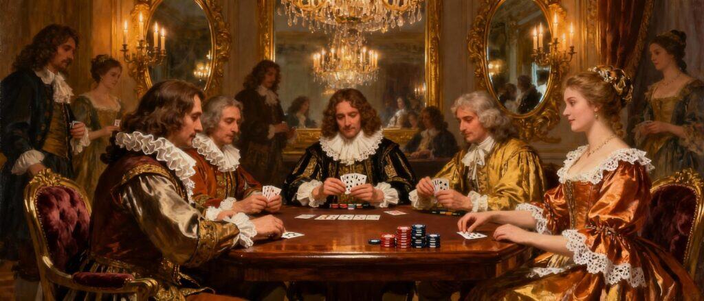 Historical 17th century French casino scene with elegantly dressed people playing vingt-et-un card game in vintage period setting