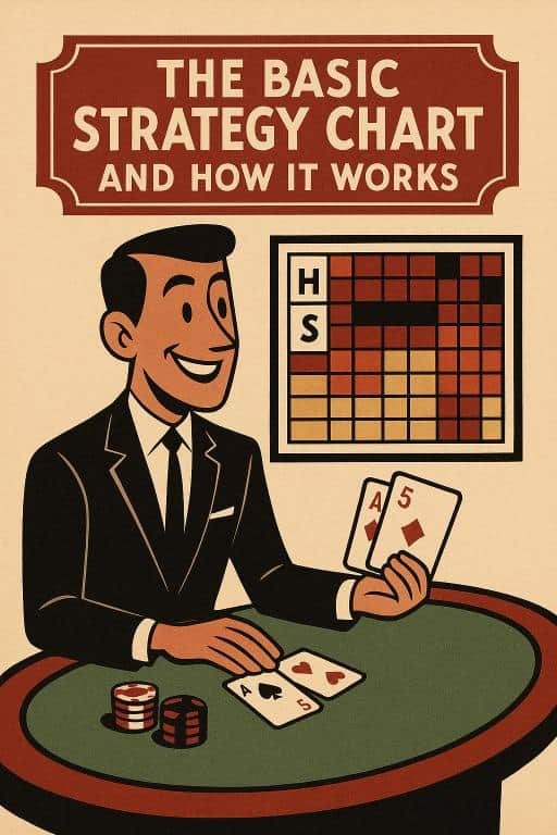 Retro 1950s style blackjack basic strategy chart with player holding cards