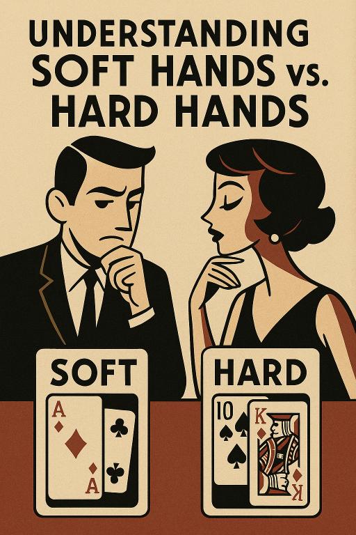 Vintage cartoon couple comparing soft and hard blackjack hands with cards on table