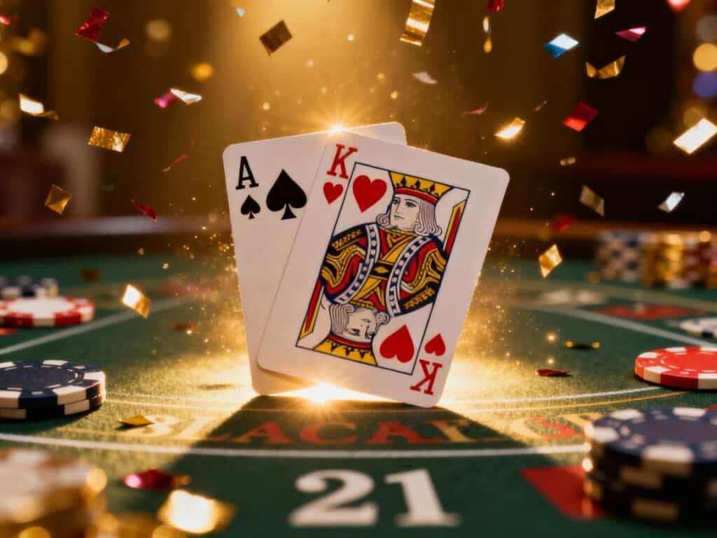 Natural blackjack hand displaying ace and king totaling 21 with golden victory glow effect, celebrating successful winning moment at casino table