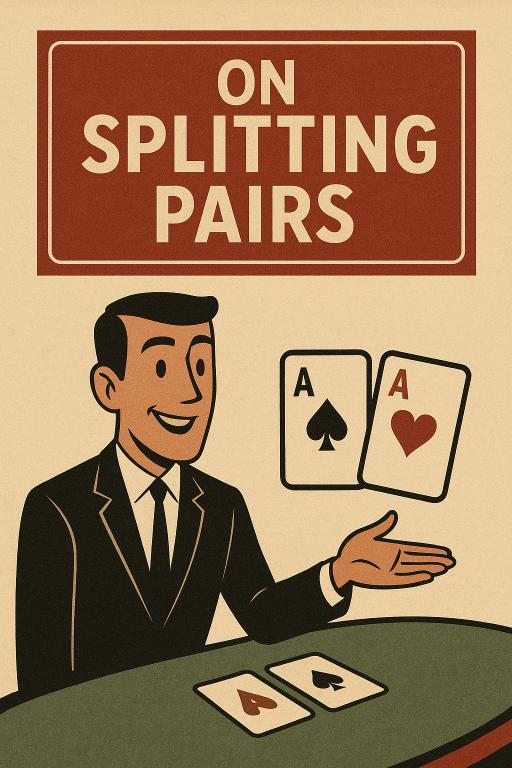 Mid-century blackjack dealer demonstrating when to split pairs at the table