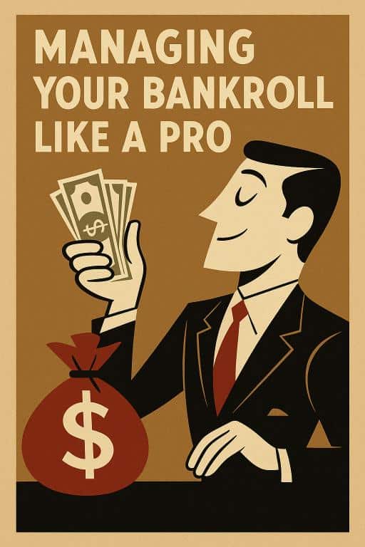 Retro businessman holding cash and money bag symbolizing blackjack bankroll management
