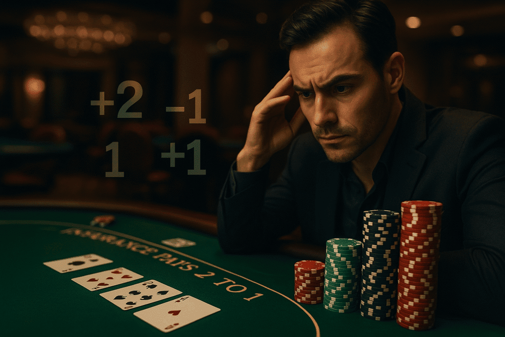 Man at blackjack table intensely concentrating while card counting with running count numbers overlaid on the scene