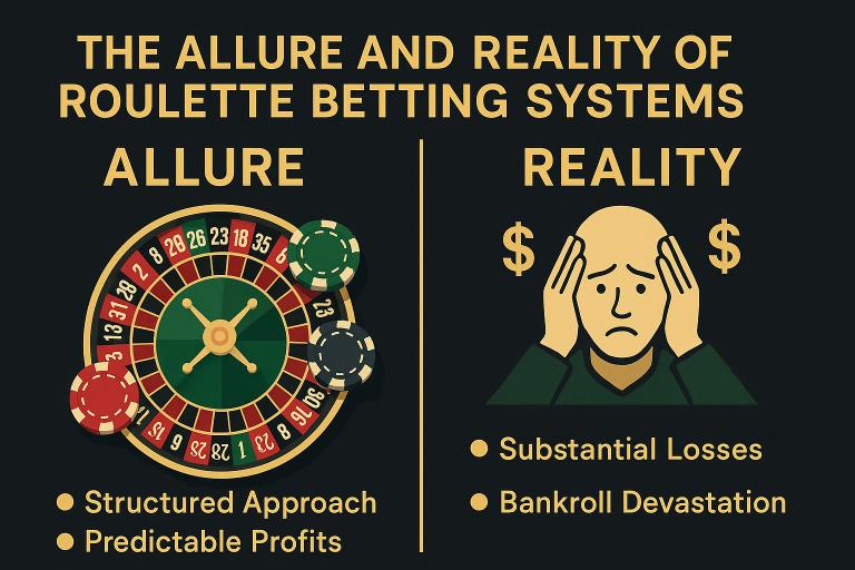 Split infographic contrasting the appeal of roulette systems with real risks.