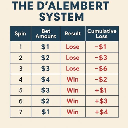Linear +1/−1 bet table with cumulative results.