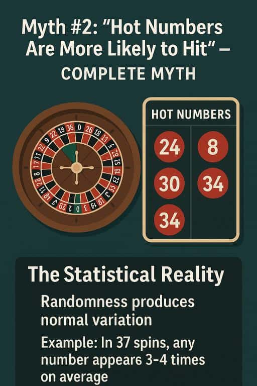 Roulette wheel next to a hot numbers board showing 24, 8, 30, 34 with note that variance is normal.