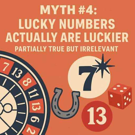 Retro tile with numbers 7 and 13, a horseshoe, and roulette segment explaining lucky numbers are not advantageous.