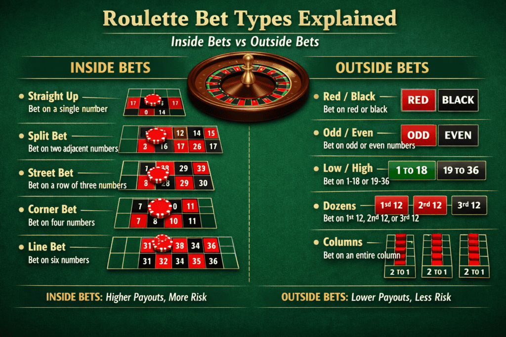 Roulette Bet Types Explained – Inside Bets vs Outside Bets