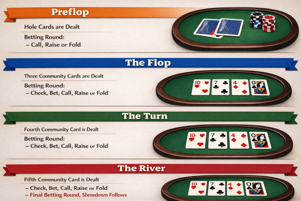 Texas Hold'em Betting Rounds – Preflop, Flop, Turn, and River Explained