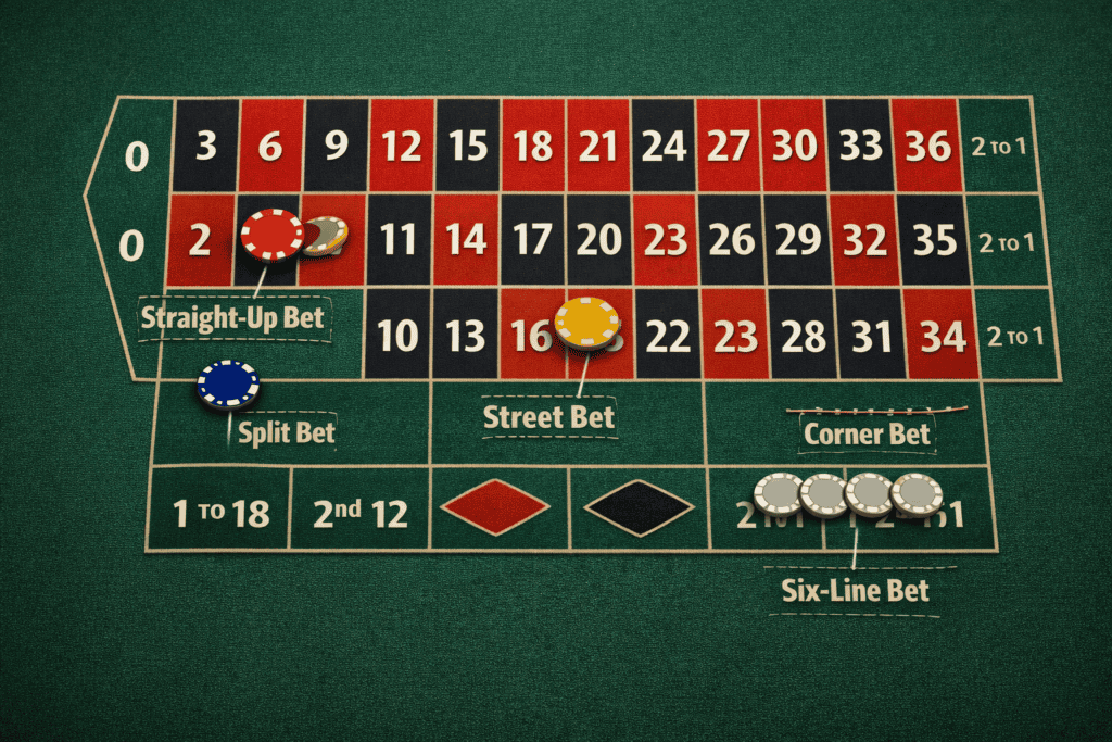Roulette table layout showing inside bet positions including straight-up, split, street, corner, and six-line bets
