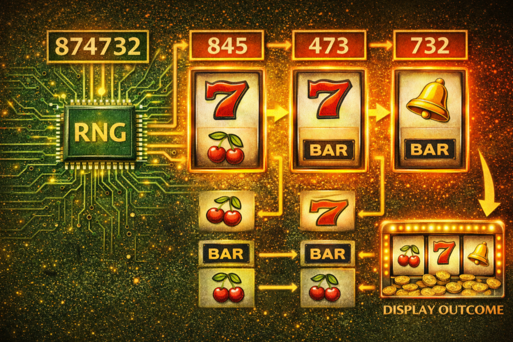 Slot machine RNG flowchart showing continuous number generation mapping to reel symbols and display outcome