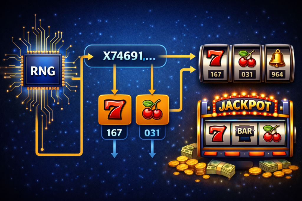 Slot machine RNG flowchart showing continuous number generation mapping to reel symbols and display outcome