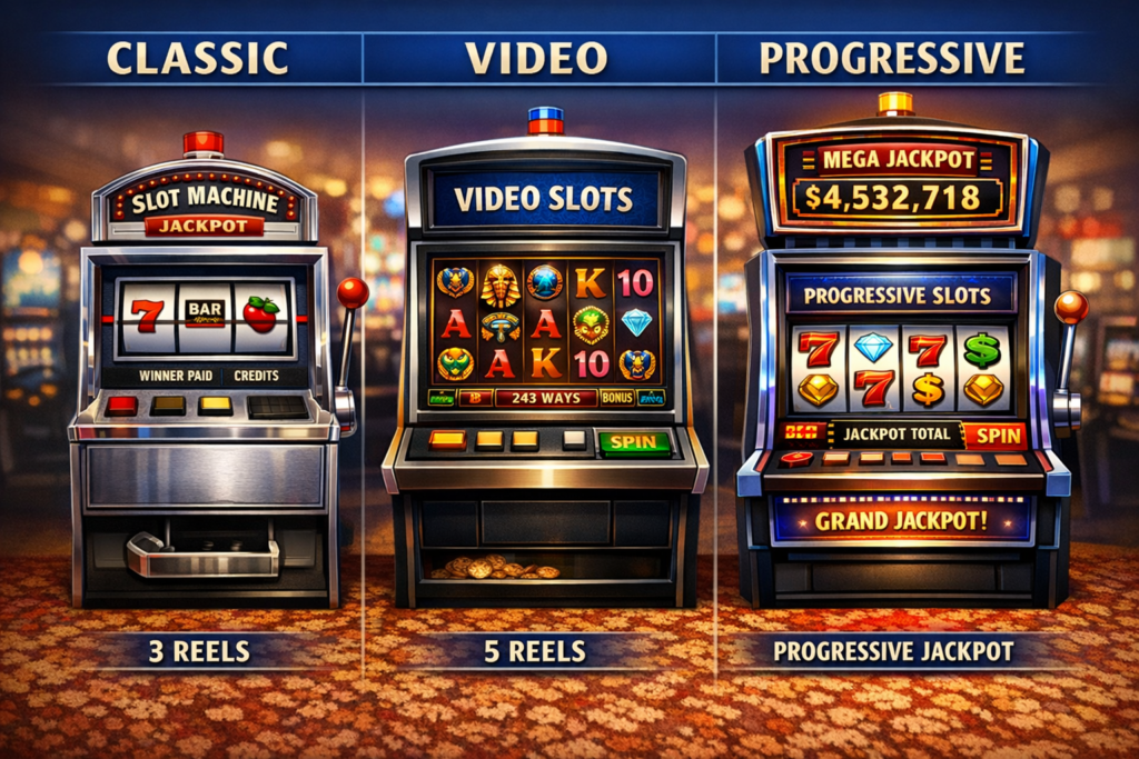Slot machine types comparison showing classic (3-reel), video (5-reel), and progressive machines side-by-side 