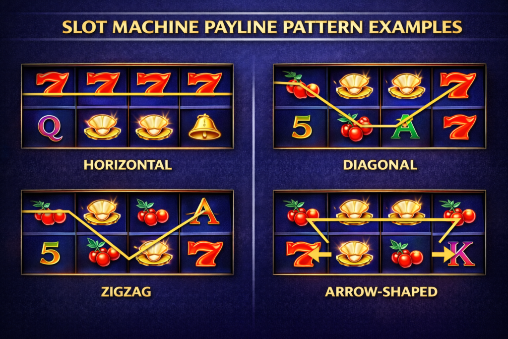 Slot machine payline pattern examples showing horizontal, diagonal, zigzag, and arrow-shaped winning paths