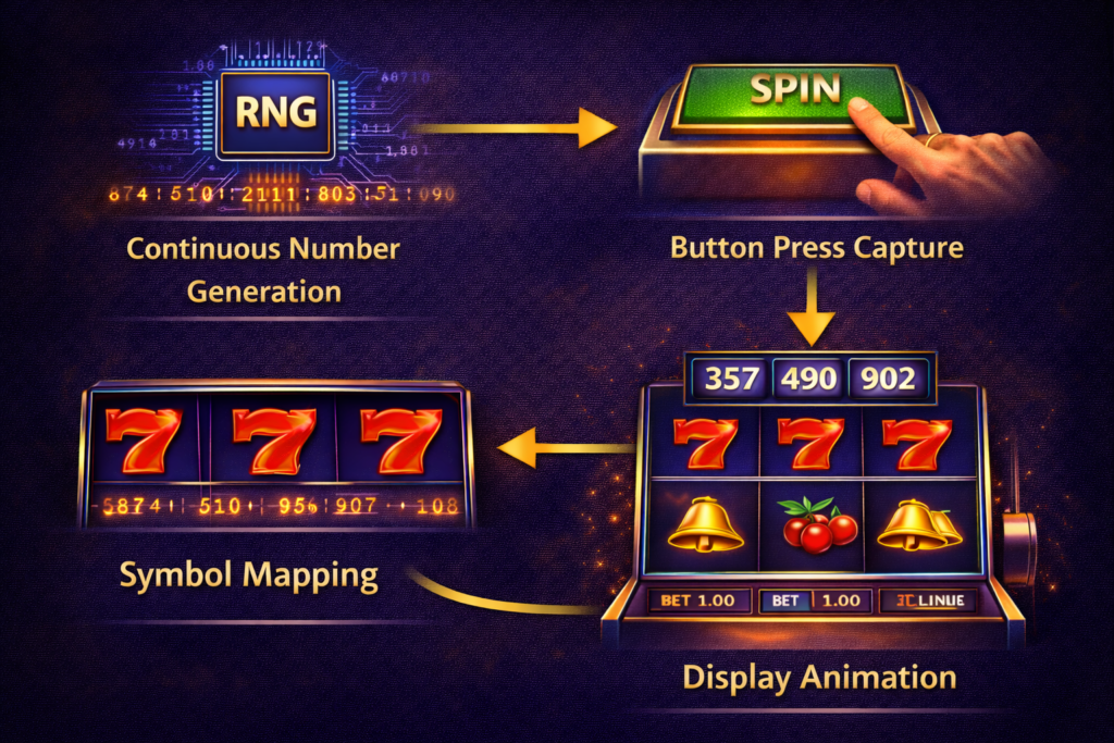 Slot machine RNG flowchart showing continuous number generation, button press capture, symbol mapping, and display animation