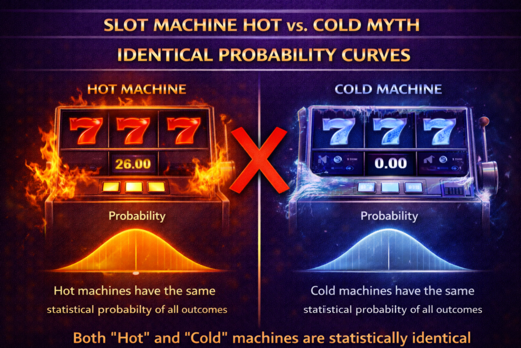 Slot machine hot vs cold myth debunking chart showing identical probability curves for hot and cold machines 
