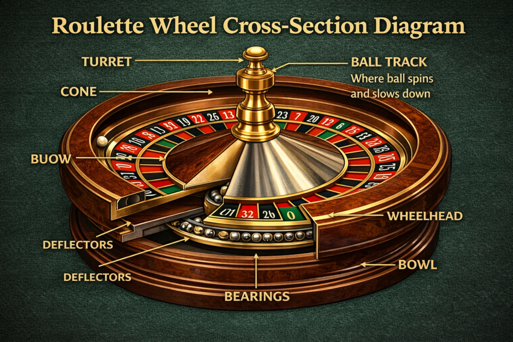 Roulette wheel cross-section diagram labeling turret, cone, bowl, wheelhead, bearings, ball track, and deflectors 