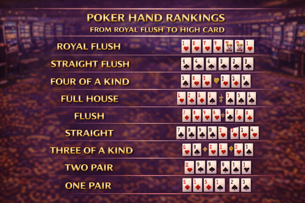 Poker hand rankings chart showing all 10 hands from highest Royal Flush to lowest High Card with examples