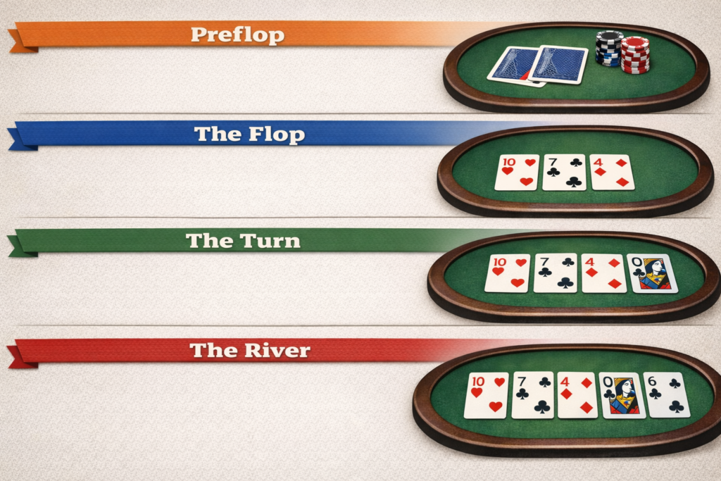 Texas Hold'em betting rounds diagram showing preflop, flop (3 cards), turn (4 cards), and river (5 cards) progression