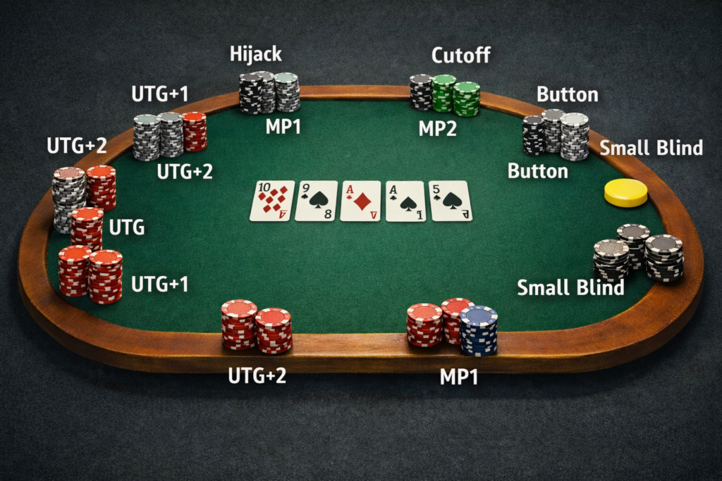 Poker table position diagram showing button, cutoff, hijack, blinds, UTG and all 9-handed positions