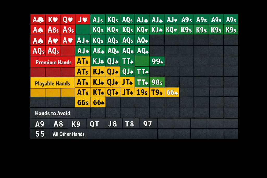 Poker starting hand selection chart showing premium hands, strong hands, playable hands, and hands to avoid