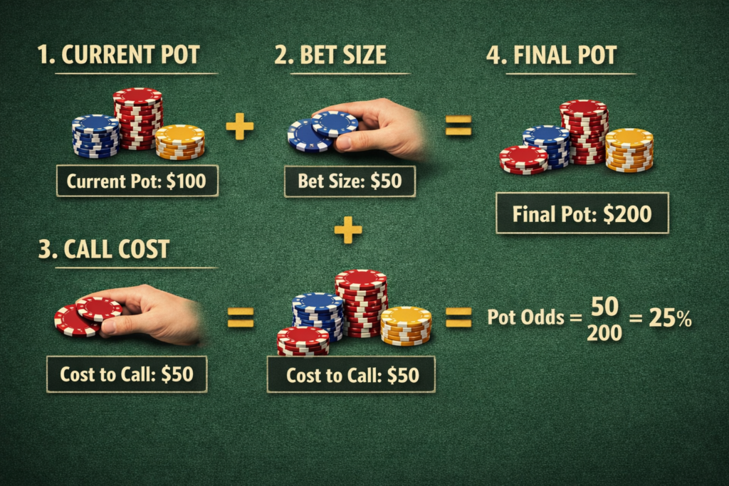 Poker pot odds calculation diagram showing current pot, bet size, call cost, and final pot calculation