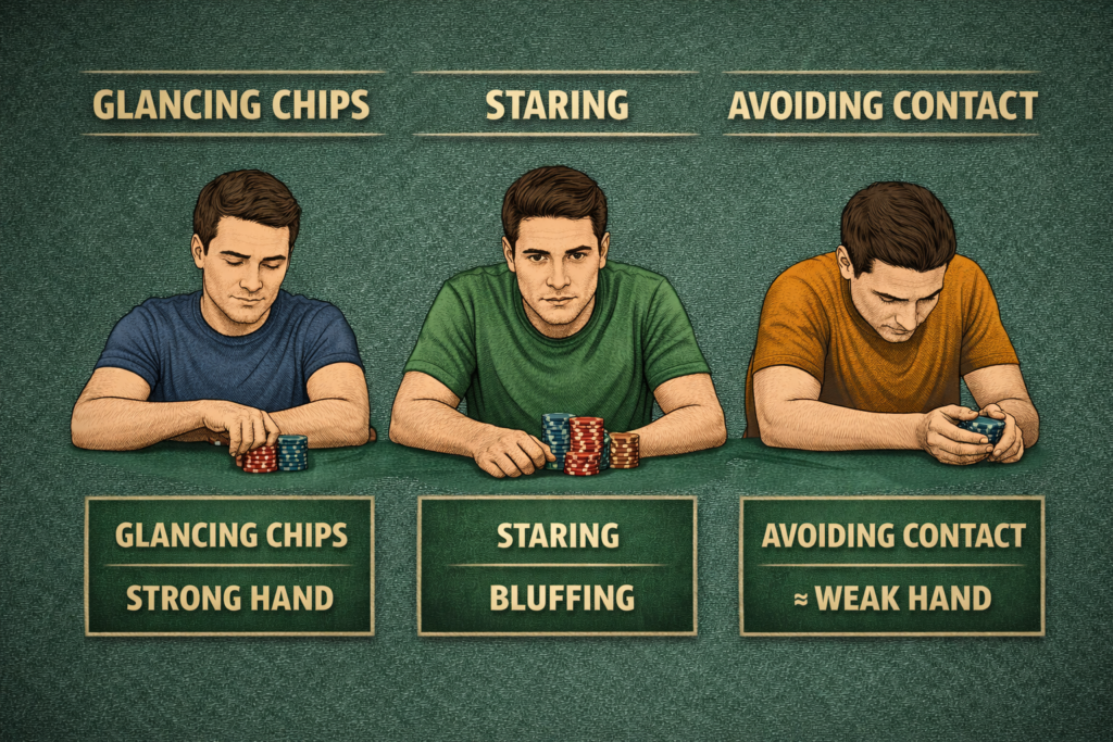 Poker eye contact tells diagram showing glancing chips, staring, avoiding contact, and their meanings