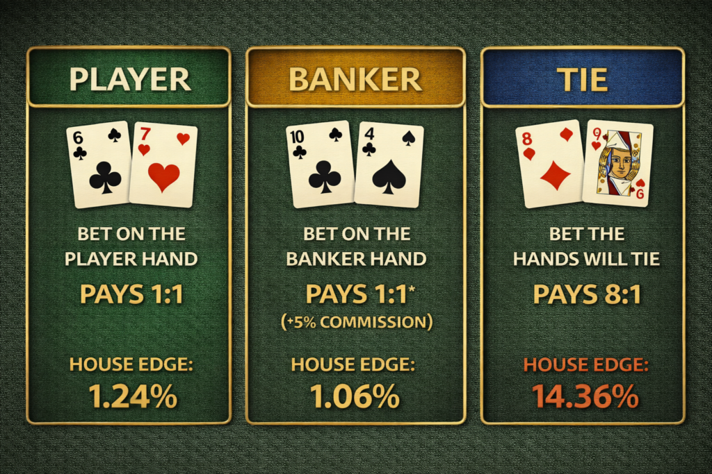 Baccarat betting options comparison table showing Banker (1.06% edge), Player (1.24% edge), Tie (14.36% edge) 