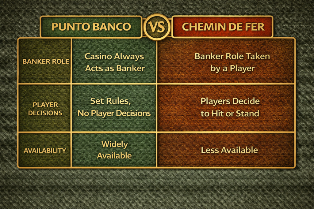 Punto Banco vs Chemin de Fer comparison table showing banker role, player decisions, and availability differences