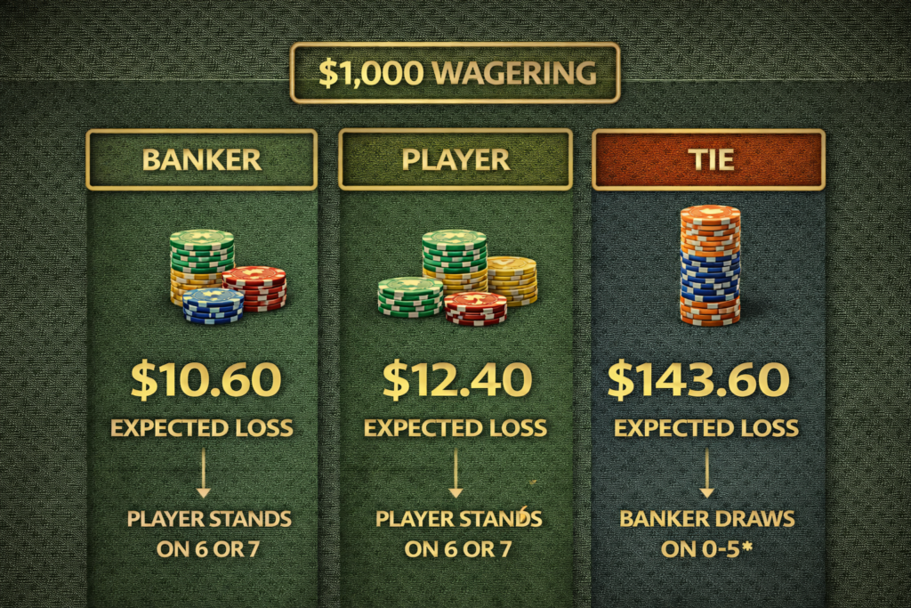Expected loss infographic showing Banker $10.60, Player $12.40, Tie $143.60 for $1,000 wagering 