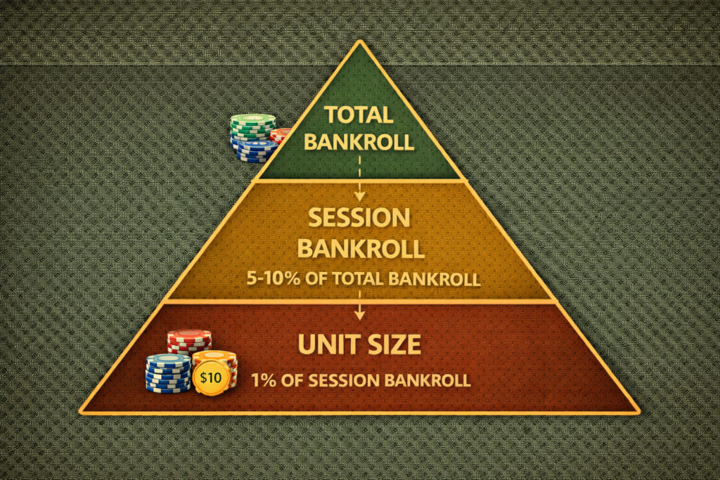Baccarat bet sizing pyramid diagram showing total bankroll, session bankroll, and unit size relationships 