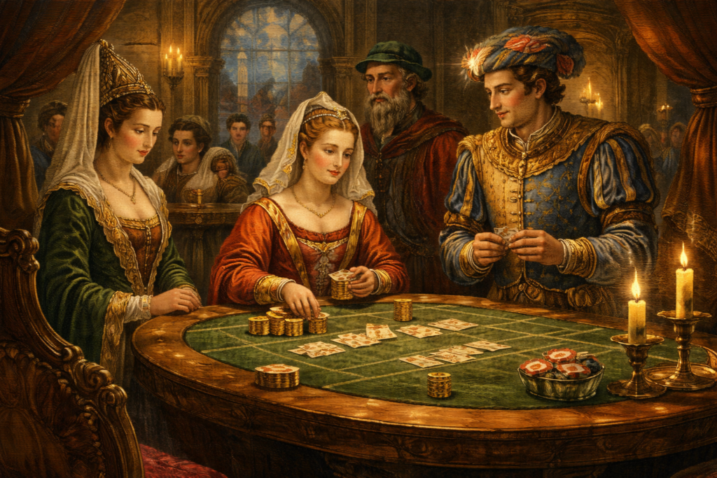 Painting of early baccarat scene in medieval Italy