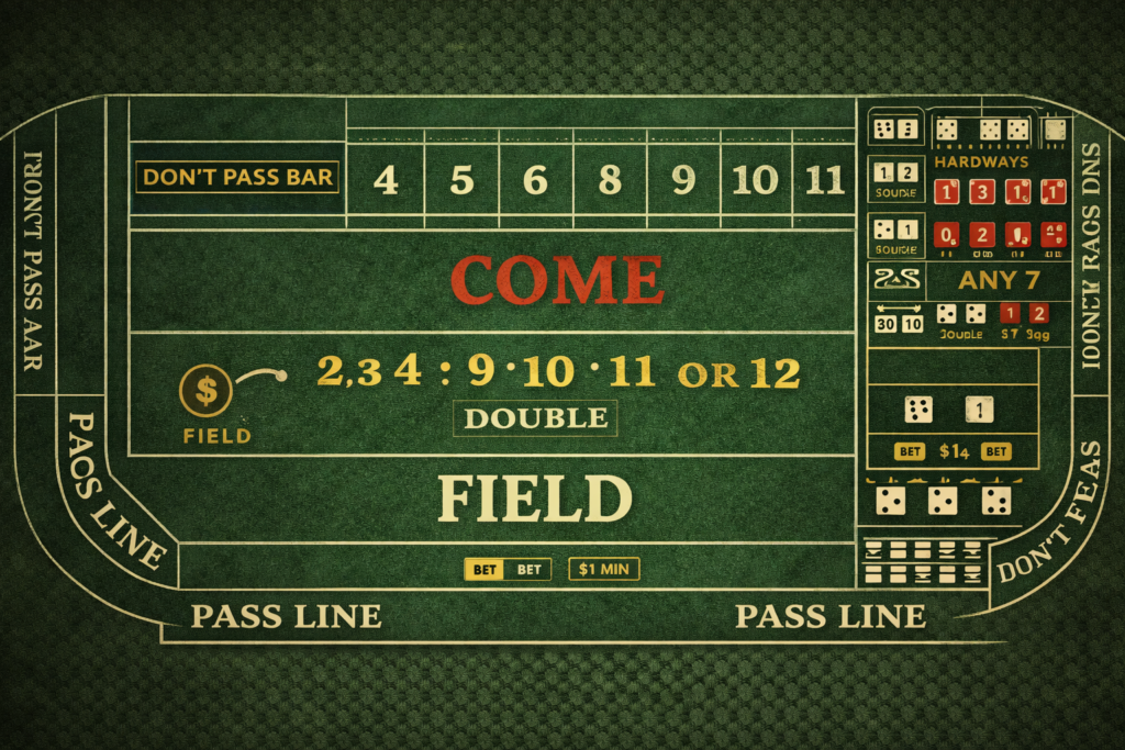 Craps table layout diagram showing Pass Line, Don't Pass, Come, Field, Point boxes, and Proposition areas 