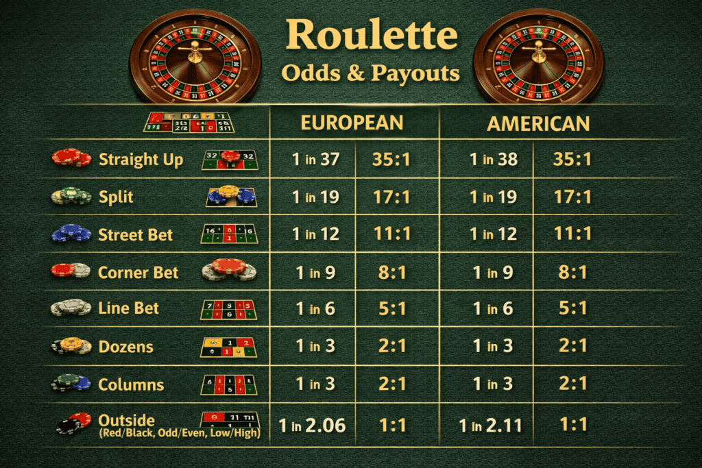 Roulette odds and payouts comparison chart showing all bet types with European American odds side by side 