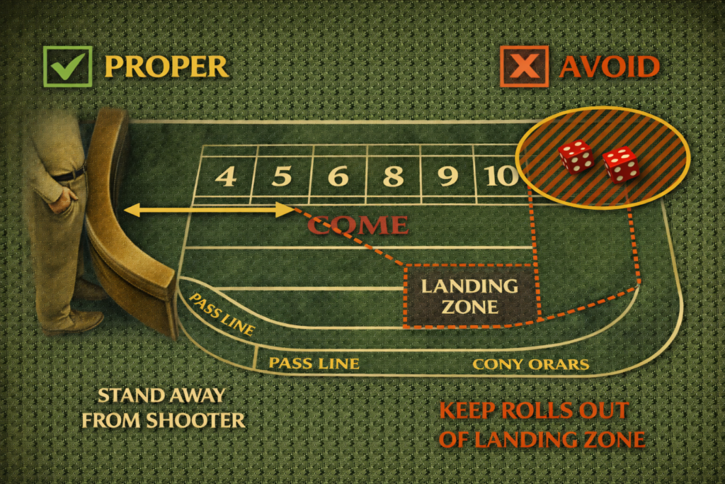 Craps table spacing guide showing proper distance from shooter and landing zone avoidance
