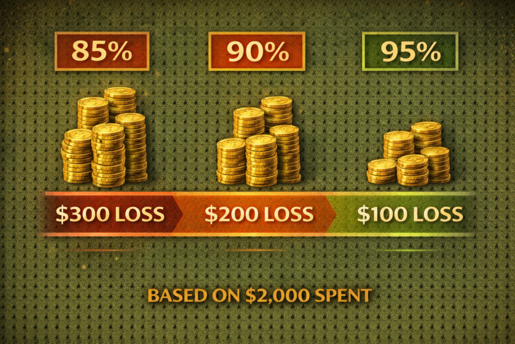 Slot machine RTP comparison chart showing expected losses across different return percentages