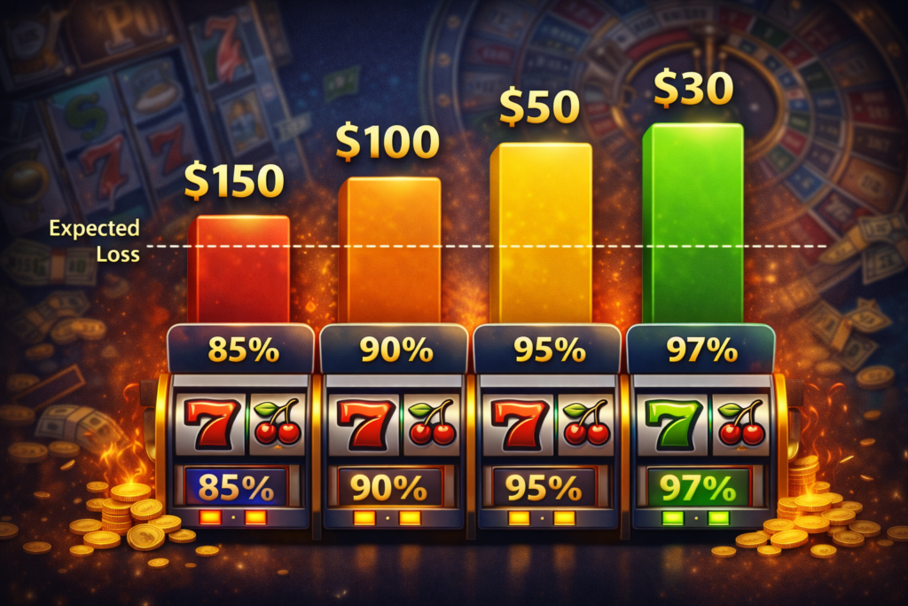 Slot machine RTP comparison chart showing expected losses across different return percentages 