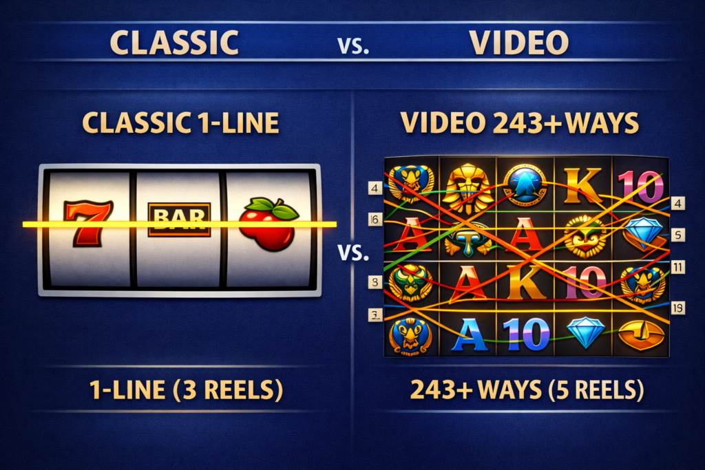 Slot machine payline comparison diagram showing classic single line versus video multi-line structure