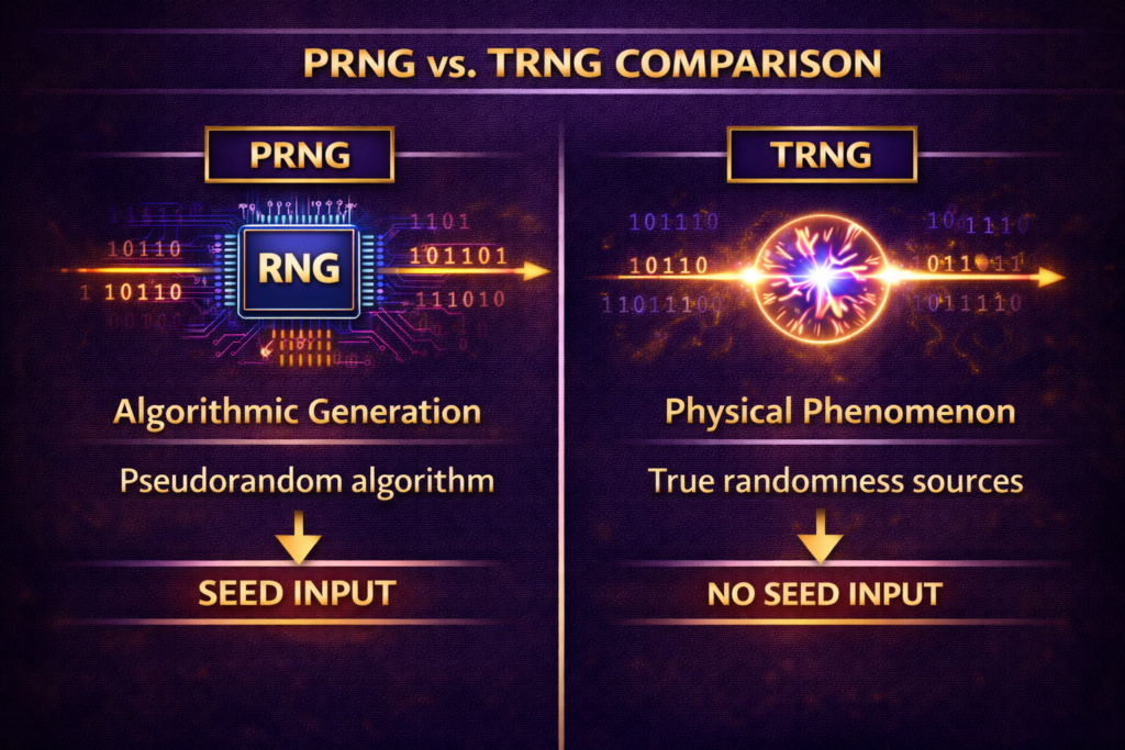 PRNG vs TRNG comparison showing algorithmic generation versus physical phenomenon approaches