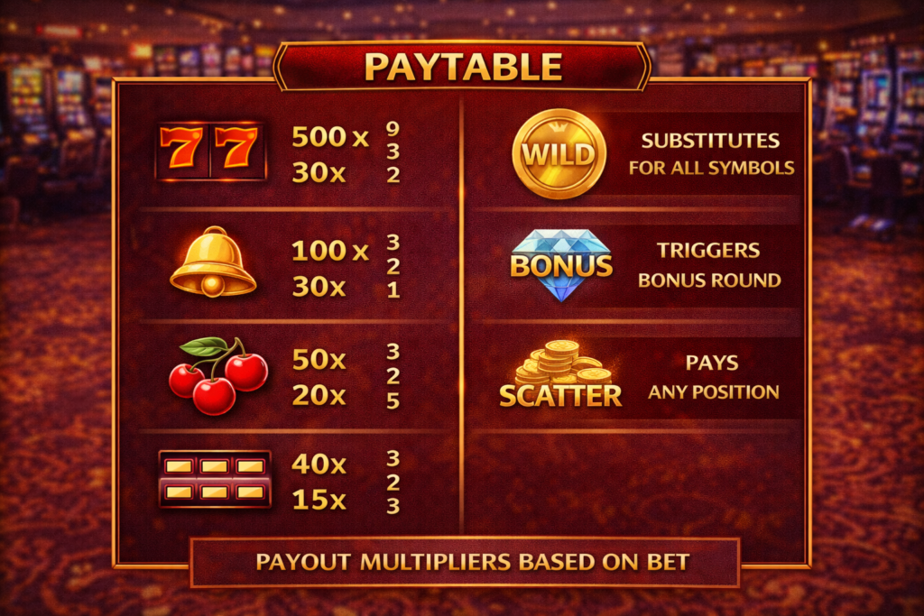 Slot machine paytable example showing symbol values, payout multipliers, and special symbol descriptions