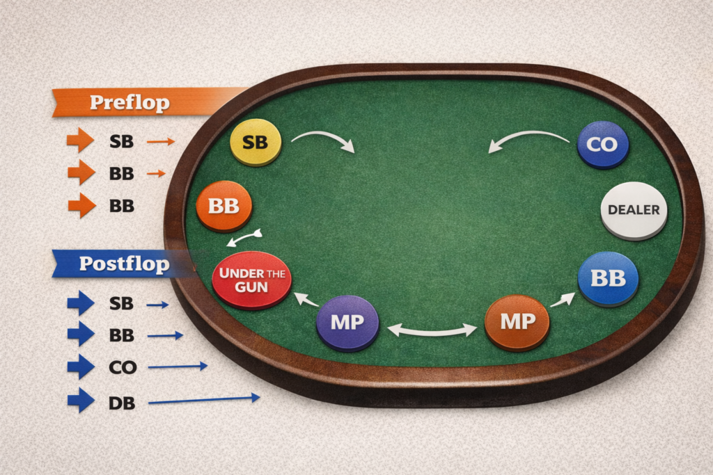 Texas Hold'em table positions diagram showing dealer button, blind positions, and action order for preflop vs postflop
