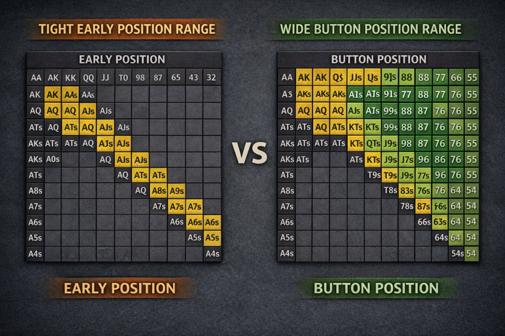 Poker hand selection chart comparing tight early position range vs wide button position range