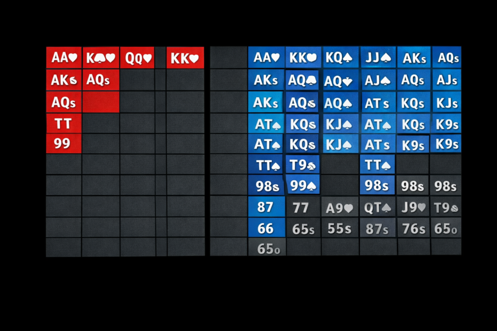 Poker starting hand range chart comparing tight early position ranges vs wide button opening ranges