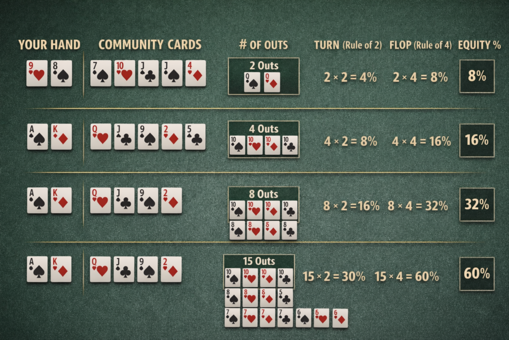 Poker equity calculation chart showing outs, rule of 2 (turn), rule of 4 (flop), and resulting equity percentages