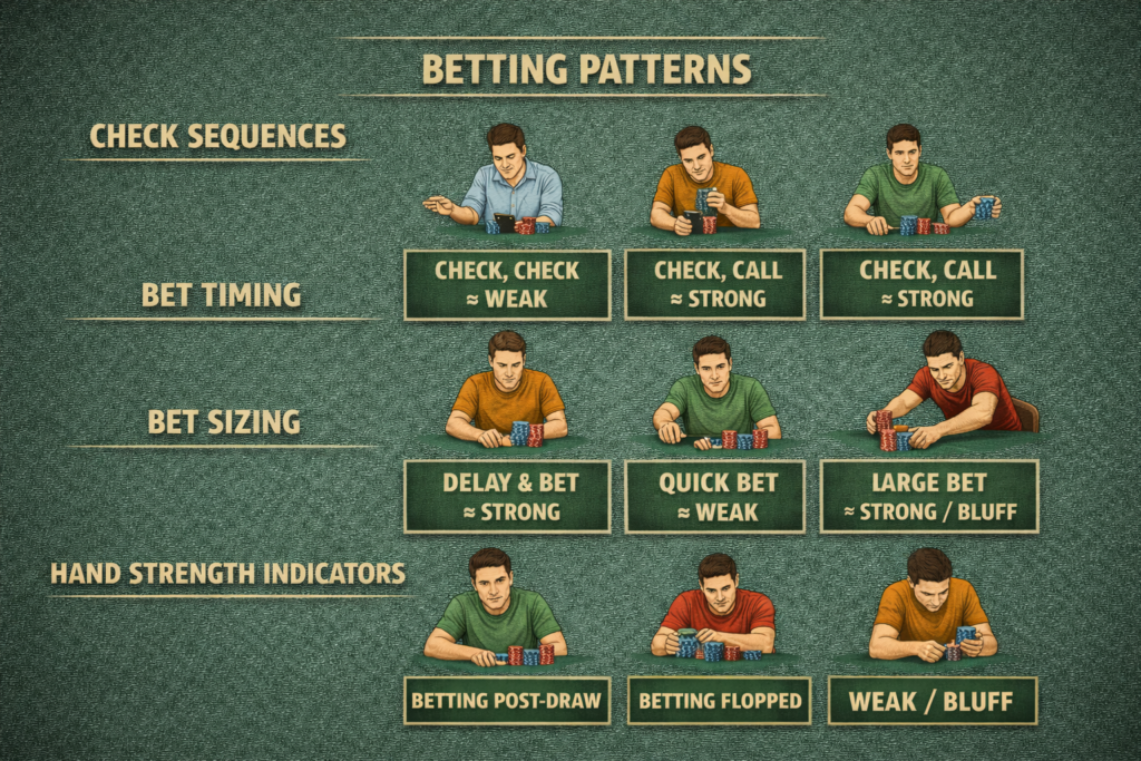 Poker betting patterns chart showing check sequences, bet timing, sizing, and hand strength indicators