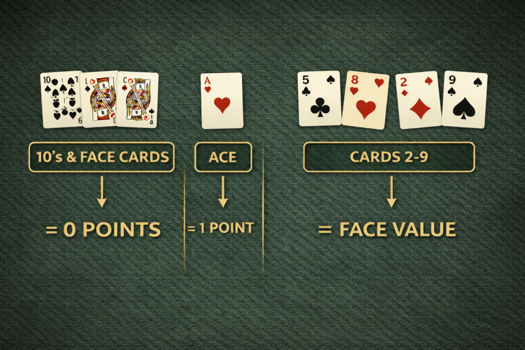Baccarat card value chart showing how each card rank is valued in point calculations 