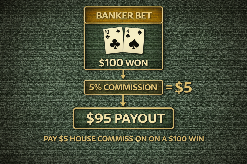 Baccarat Banker bet payout calculation diagram showing 5% commission impact on $100 win