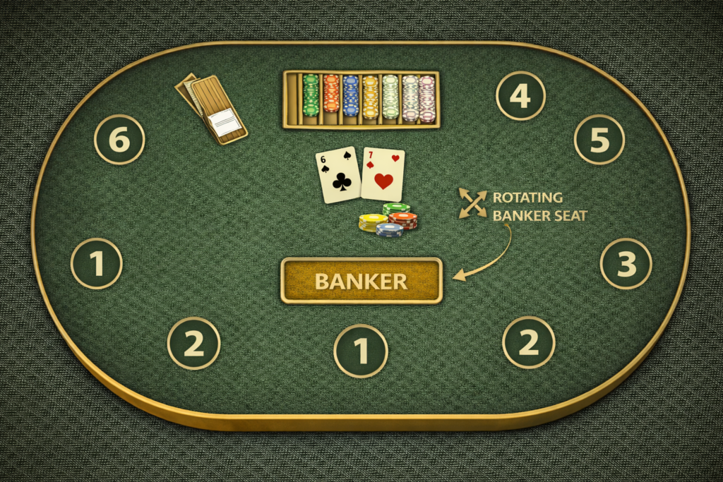 Chemin de Fer baccarat table layout diagram with numbered player positions and rotating banker seat 